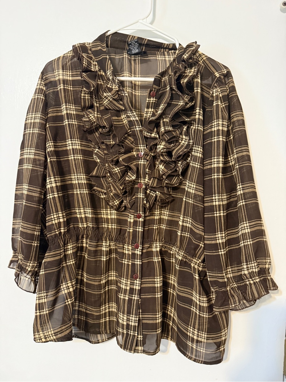 Brown & Cream Plaid Ruffle Button-Down Blouse